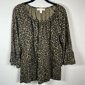 Michael Kors Leopard Print Blouse Shirt Green Tan Black Peasant Ruffles Sz Large